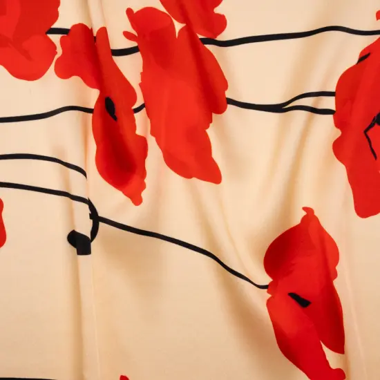 1 Yard Beige, Red and Black Poppy Stems Border Printed Silk Charmeuse Fabric 53 inch Width {1}