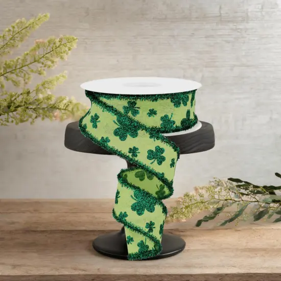 1.5" Glitter Shamrock Tinsel Ribbon: Bright Green (10 Yards) {3}