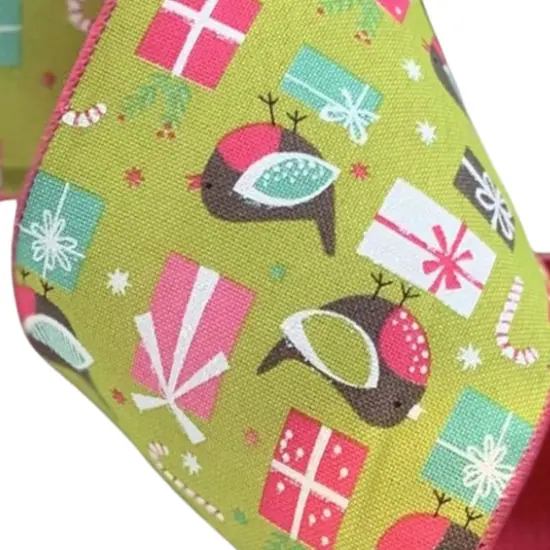 4" Faux Linen Bird Ribbon: Hot Pink & Green (10 Yards) {3}