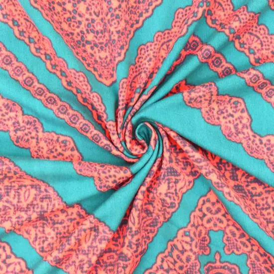 Aqua Teal-Neon Coral Lace Chevron Printed Double Brushed ITY Knit Fabric By the Yard {2}