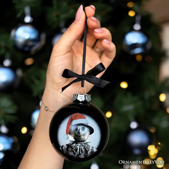 Scarecrow Christmas Spooky Portrait Glass Ornament, Black Horror Halloween Tree Decoration {3}