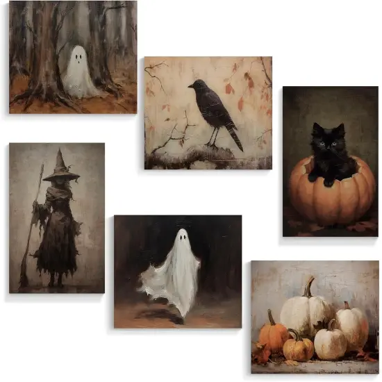 6 Pieces Vintage Halloween Canvas Wall Art - 12x16 Inches {1}
