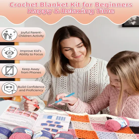 Granny Squares Crochet Blanket Kit for Beginners Easy Crochet Starter Kit with Enough Yarn Detailed Instruction {4}