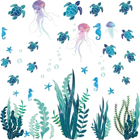 Nuanchu 28 Pcs Under The Sea Wall Decals Glow in The Dark Sea Turtle Ocean Grass Seaweed Jellyfish Peel Stick Underwater Wall Decoration for Kids Bedroom Bathroom Toilet (Vivid Style) {1}