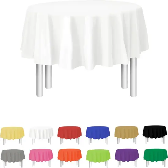 White Disposable Plastic Tablecloth for Round Tables (12 Pack) 84 inches Table Cloths for Parties, Events & Weddings, Indoors & Outdoors, Plastic Table Cover {1}