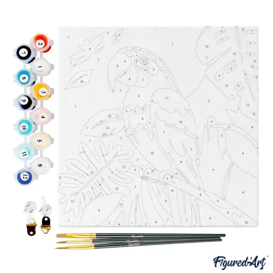 Figured'Art Mini Paint by Numbers Kit for Adults with Frame Tropical Parrot Small format 8"x8" - Craft Art Painting DIY Canvas Already Stretched on a Wooden Frame {4}