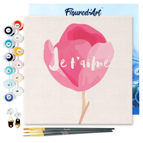 Figured'Art Mini Paint by Numbers Kit for Adults with Frame Je T'aime Small format 8"x8" - Craft Art Painting DIY Canvas Already Stretched on a Wooden Frame {1}