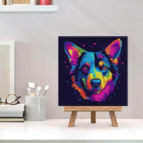 Figured'Art Mini Paint by Numbers Kit for Adults with Frame Neon Dog Abstract Pop Art Small format 8"x8" - Craft Art Painting DIY Canvas Already Stretched on a Wooden Frame {2}