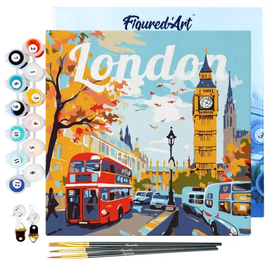 Figured'Art Mini Paint by Numbers Kit for Adults with Frame Travel Poster London Small format 8"x8" - Craft Art Painting DIY Canvas Already Stretched on a Wooden Frame {1}