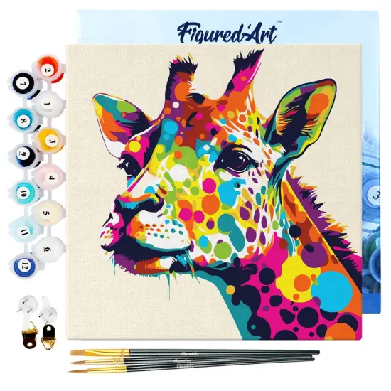 Figured'Art Mini Paint by Numbers Kit for Adults with Frame Giraffe Abstract Pop Art Small format 8"x8" - Craft Art Painting DIY Canvas Already Stretched on a Wooden Frame {1}
