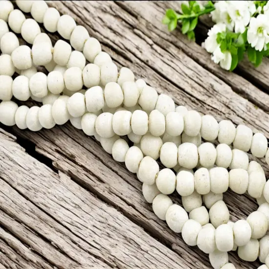 10-12mm Opaque Bone White African Recycled Glass Beads (19" Strand) {5}