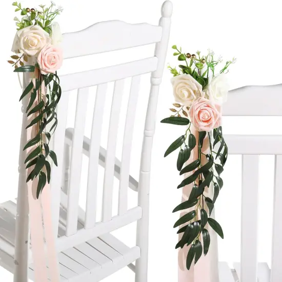 Church Chair Back Floral with Eucalyptus Leaves and Ribbons Ceremony Party {3}