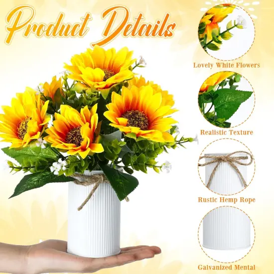 Summer Floral Arrangement - 12 Sets Artificial Sunflowers with Metal Pots, Rustic Faux Flowers for Table Centerpieces and Home Decor {3}