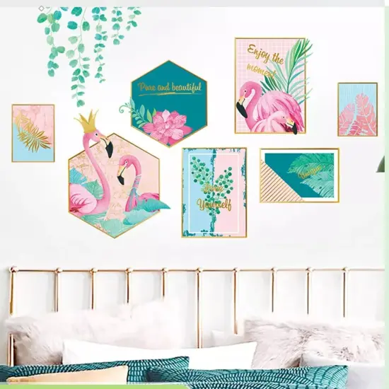 Pink Green Flamingo Frame Wall Stickers Tropical Leaves Removable PVC Dorm Room {3}