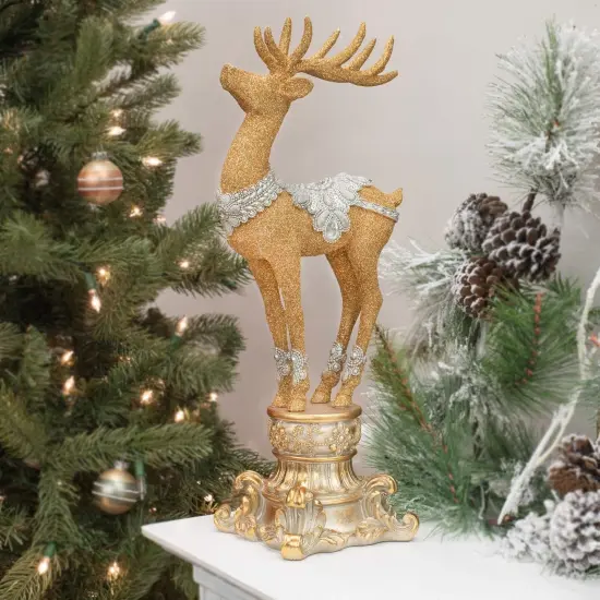 18" Resin Jeweled Old World Deer on Pedestal: Elegant Christmas Decoration with Vintage Charm {3}