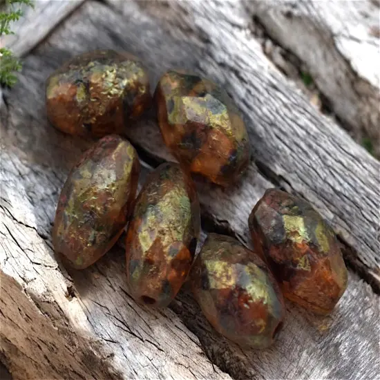 *12* 12x8mm Etched Brown Amber Picasso Faceted Oval Beads {4}