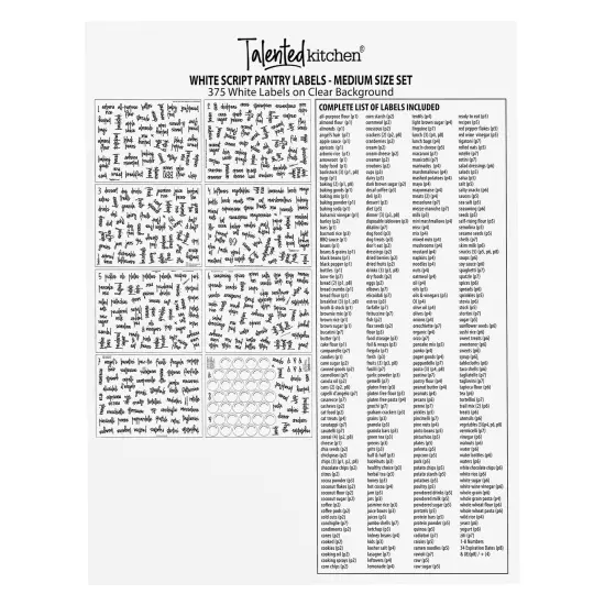 Talented Kitchen 375 Clear Pantry Labels for Containers - Preprinted White Script Kitchen Stickers for Organizing Food Containers, Jars, Storage Canisters, and Bins (Water Resistant) {6}