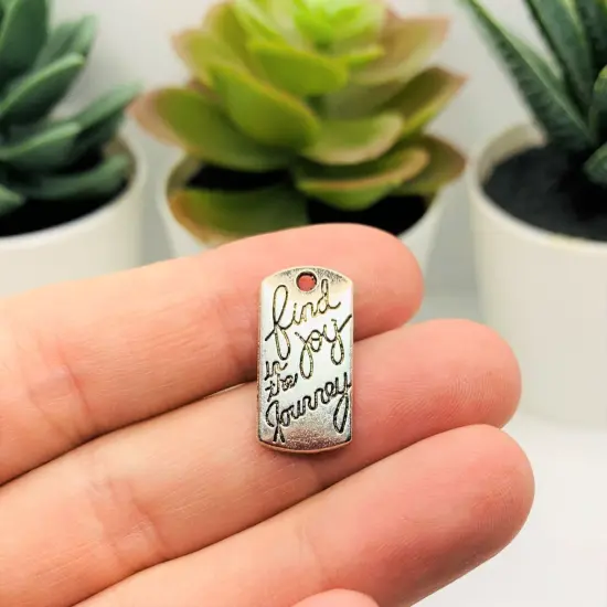 Silver Find the Joy in the Journey Affirmation Tag Charms, 21x10.5mm {2}