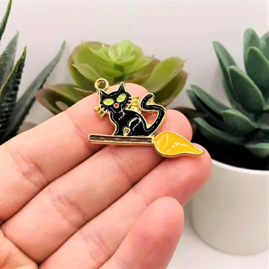 Black Enamel Witch Cat on Broom Charm, 21x34mm {2}