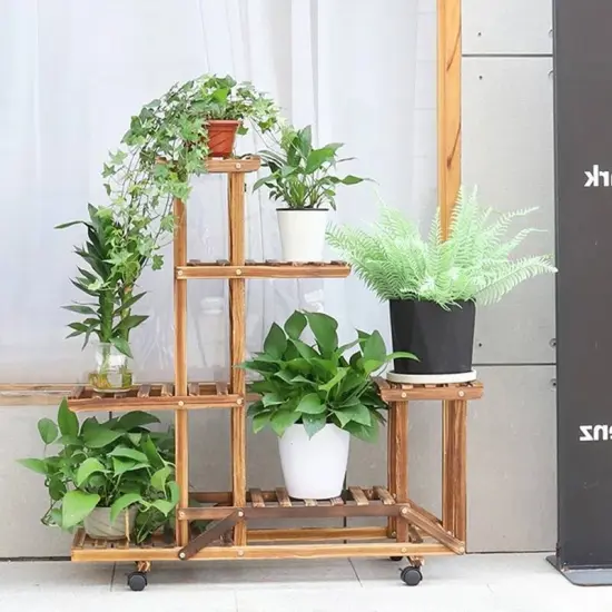 6-Shelf Wooden Plant Stand with Locking Wheels for Indoor Outdoor Use {2}
