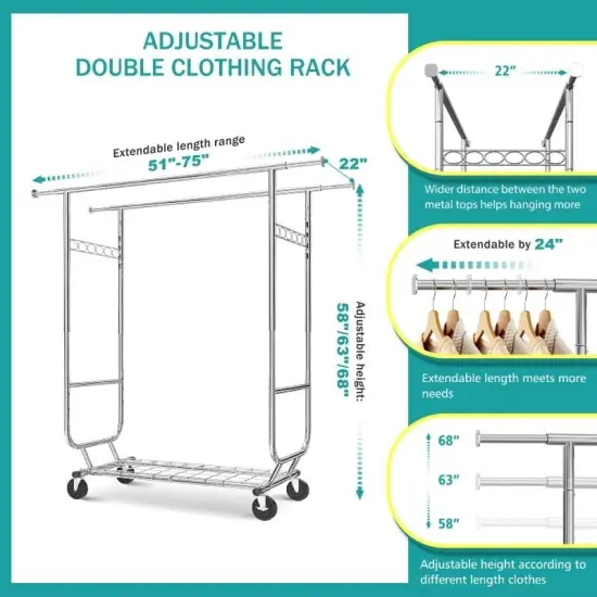 Silver Metal Double Bar Garment Rack with Wheels and Adjustable Height {4}