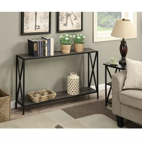 47" Grey Wood Entryway Consol Table with Black Metal X-Frame and Bottom Shelf for Living Room {3}