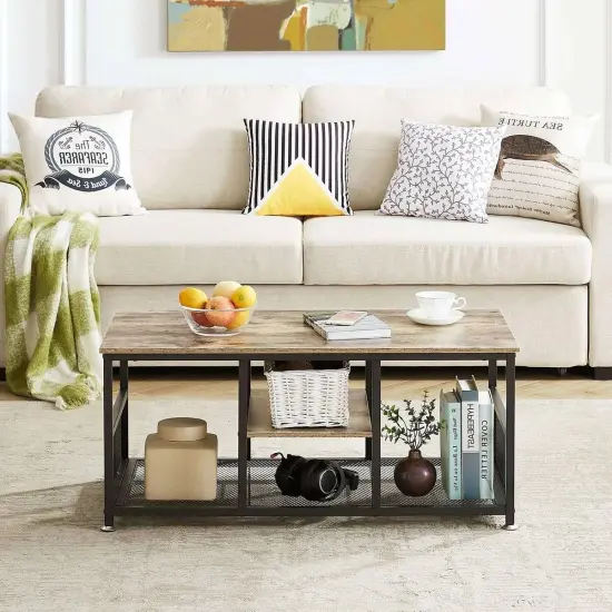 Modern 3-Tier Grey Coffee Table with Metal Frame and Bottom Storage Shelves for Living Room or Office {5}