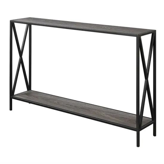 47" Grey Wood Entryway Consol Table with Black Metal X-Frame and Bottom Shelf for Living Room {2}