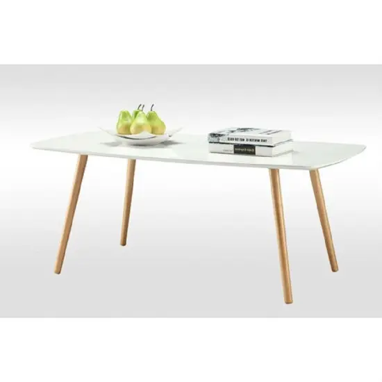 Modern Rectangle White Top Coffee Table with Brown Wood Trestle Base and Glossy Finish {3}