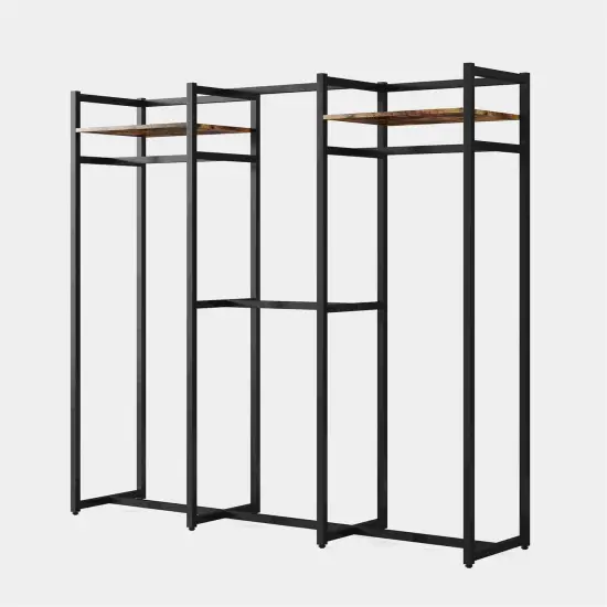 Black Metal Garment Rack with Wood Shelves and Space-Saving Design {1}