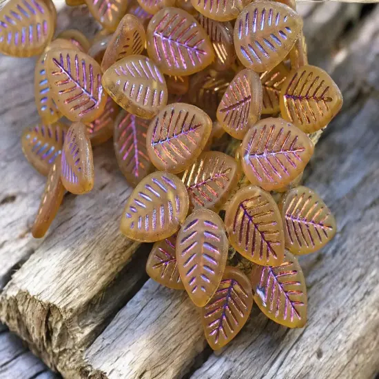 *15* 16x12mm Metallic Volcano Washed Matte Topaz Top Drilled Doogwood Leaf Beads {2}