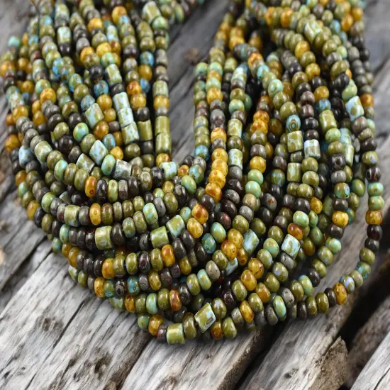 6/0 Aged Azul Heart Picasso Czech Glass Seed Bead Bugle Mix (21" Strand) {3}