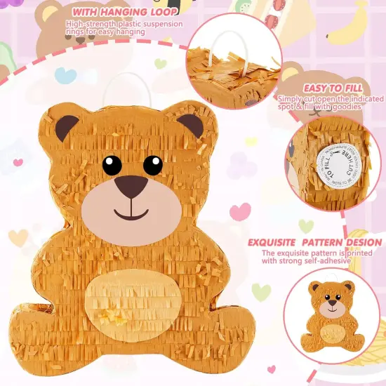 14.5 Inch Bear Pi&ntilde;ata Bear Themed Birthday Party Supplies Animal Pi&ntilde;ata with Wood Bat Stick, Paper Blindfold and Confetti for Valentine&lsquo;s Day Baby Shower Party Decor Kid Adult Boy Girl {4}