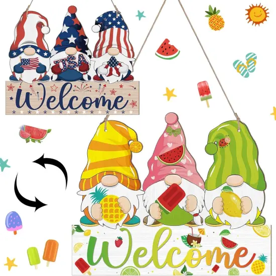 Reversible Summer 4th of July Memorial Day Welcome Door Sign Decor Double Sided Gnome Wooden Hanging Plaque Patriotic Independence Day Door Hanger for Porch Home Wall Outdoor Decoration {3}