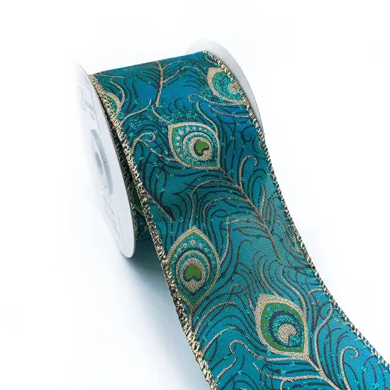 Designer's Shop WR 63-5083 Peacock Green Gold edge 2.5" wired edge ribbon 10 yard spooled {1}
