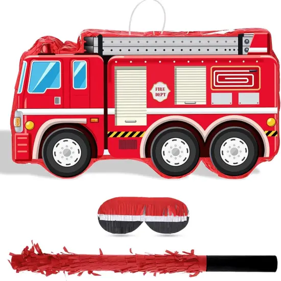 Fire Truck Pi&ntilde;ata with Hanging Loop Blindfold Bat and Confetti Filler for Kids Boys Firefighter Firetruck Theme Birthday Party Decorations Supplies {1}