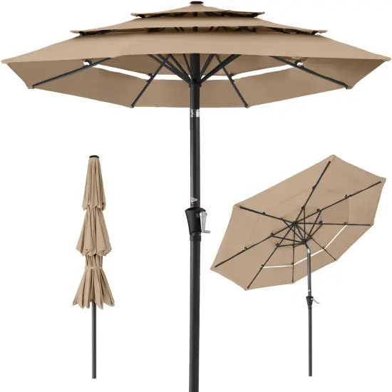 Best Choice Products 10ft 3-Tier Patio Umbrella, Market Sun Shade w/ Tilt Adjustment, Easy Crank Tan {1}