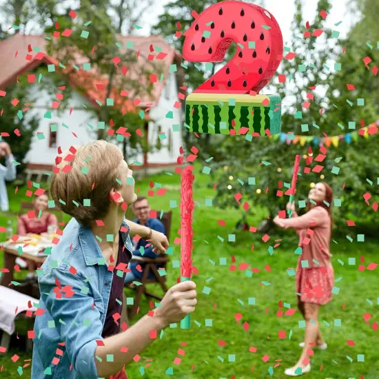 Watermelon Pi&ntilde;ata Fruit Number 2 Red Watermelon 2nd Birthday Pi&ntilde;ata with Bat Stick Blindfold Mask Confetti {4}