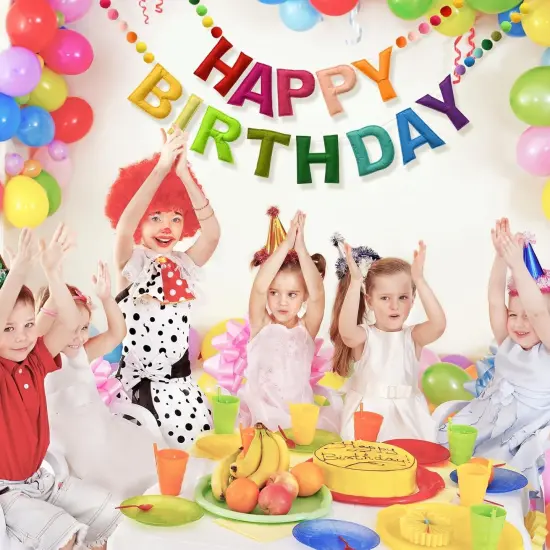 Happy Birthday Banner Felt Ball Garland Colorful Dainty Pre-Strung Rainbow Birthday Banner Reusable Happy Birthday Sign Photo Booth Props Primary Color Birthday Party Decoration for Kids Girls {4}