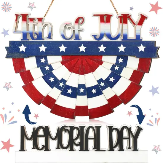 4th of July Decorations Patriotic Door Sign Wooden Memorial Day Wreath Red White Blue American Flag Door Hanger Independence Day Decor for Front Porch Wall Home Outdoor {5}