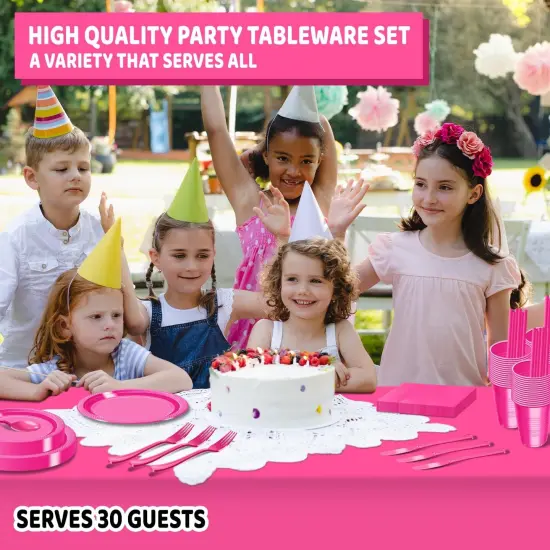 242 Pcs Plastic Dinnerware Set Includes 30 Of Each 9" Dinner Plates |7" Dessert Plates|12 oz Plastic Cups | Napkins|Straws|Spoons, Forks & Knives (Hot Pink, 242PCS（30 Guests）) {5}