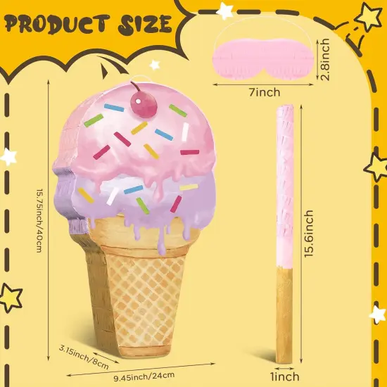 Pink Ice Cream Pi&ntilde;ata Cute Dessert Cone Shaped Pi&ntilde;ata with Stick Blindfold for Ice Cream Candy Birthday Party Summer Baby Shower Wedding Party Supplies Decor, {2}