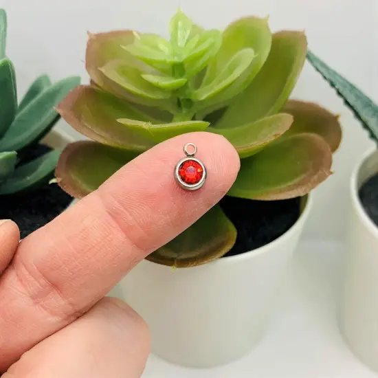 201 Stainless Steel, Bright Red Ruby July Birthstone Rhinestone Charms, 8x6mm {2}