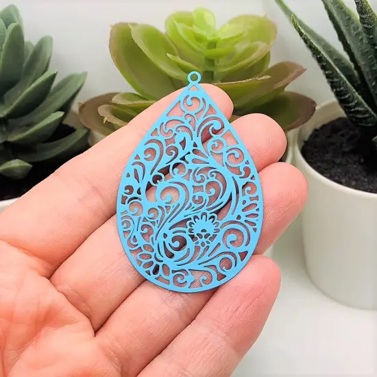 Large Light Blue Filigree Teardrop Pendants, 55x34mm {2}