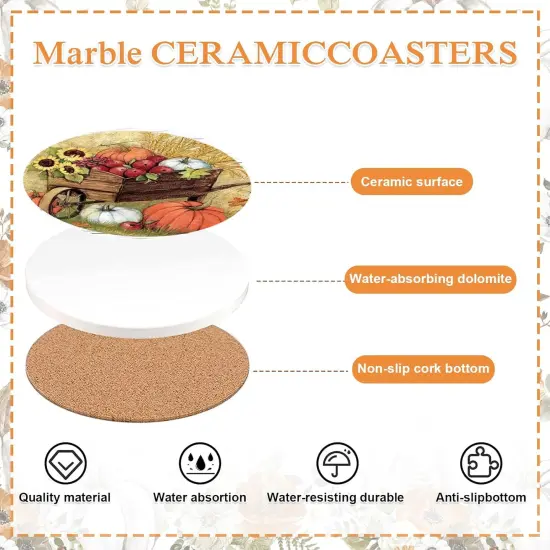 6Pcs Fall Ceramic Coasters with Holder Pumpkin Truck Sunflower {3}