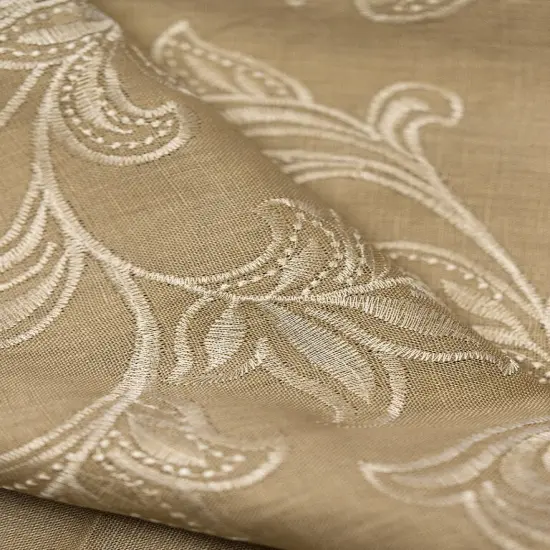 1 Yard Natural Ivory Pure Linen Foliage Embroidered Fabric Midweight Woven 54 Inch Width {4}