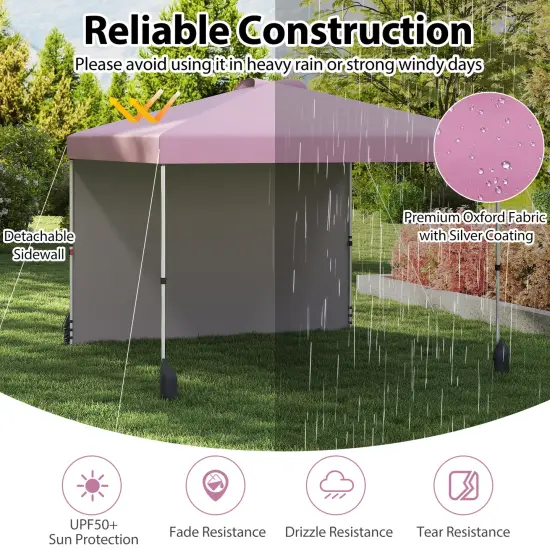 10 X 10 FT Pop up Canopy Tent with 1 Sidewall and Wheeled Bag Pink {6}