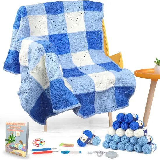 Crochet Blanket Kit - Blue White Mixed {1}