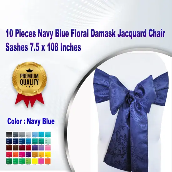 10 Pieces Navy Blue Floral Damask Jacquard Chair Sashes 7.5 x 108 Inches {1}