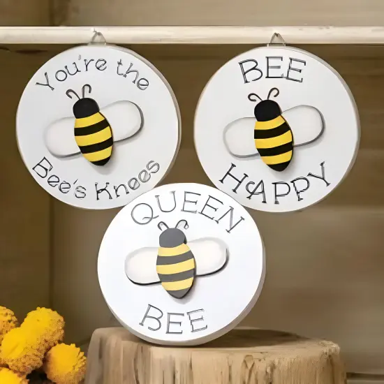 Wooden Round Bee Signs with Easel Stand and Cut-Out Accents 3 Asstd. {2}